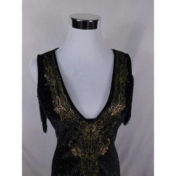 Small Black Gold 1920s Flapper Fringe Dress Glam - Picture 2 of 11